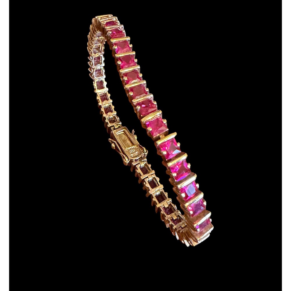 UTC Sterling Gold Vermeil Pink Square Stones Tennis Bracelet 7 1/8 19.4g